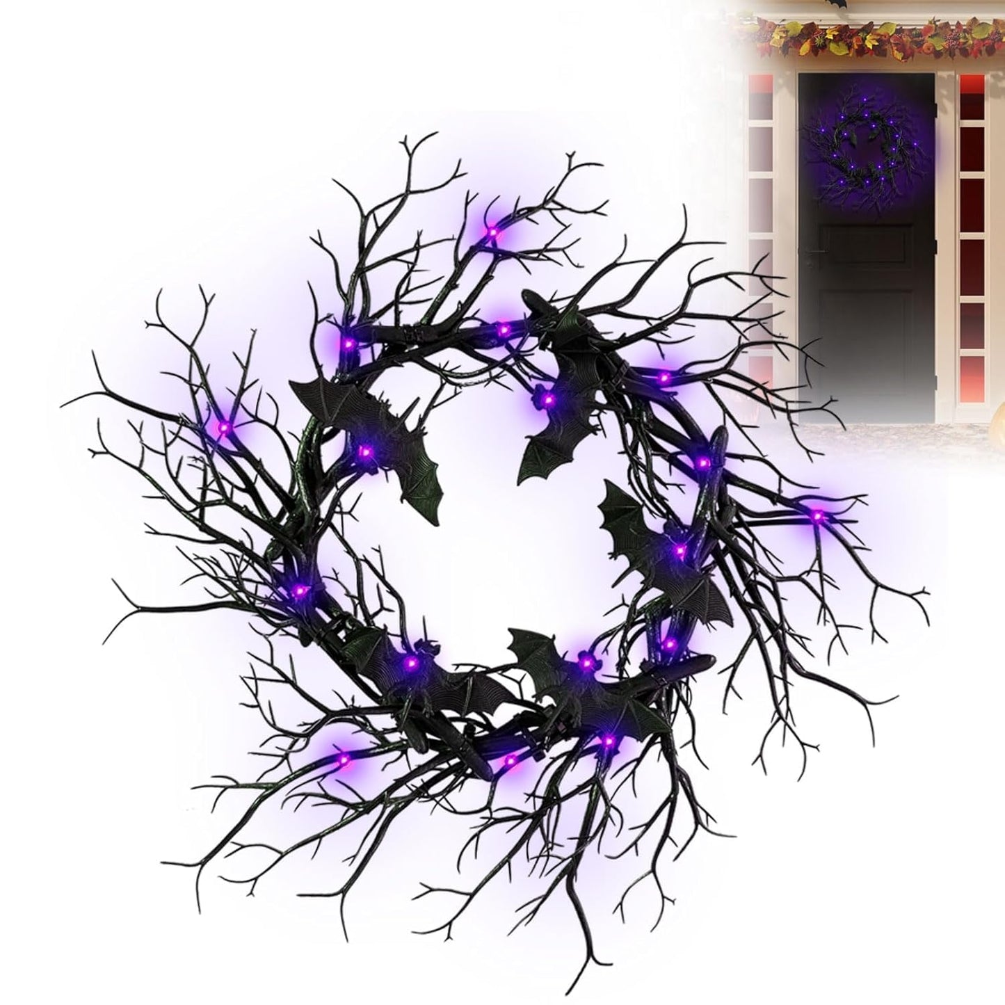 Halloween Black Branch Wreath - 18 Inch Black Twig Halloween Bat Wreaths for Indoor Outdoor Party Window Wall Decor Farmhouse Garland Yard