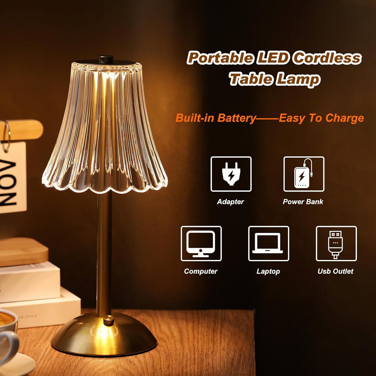 Liliful 2 Pcs LED Portable Cordless Table Lamp Touch Battery Operated Rechargeable Desk Lamp 3 Color Dimmable for Bedroom Living Room Dining (Rose Style,Gold)