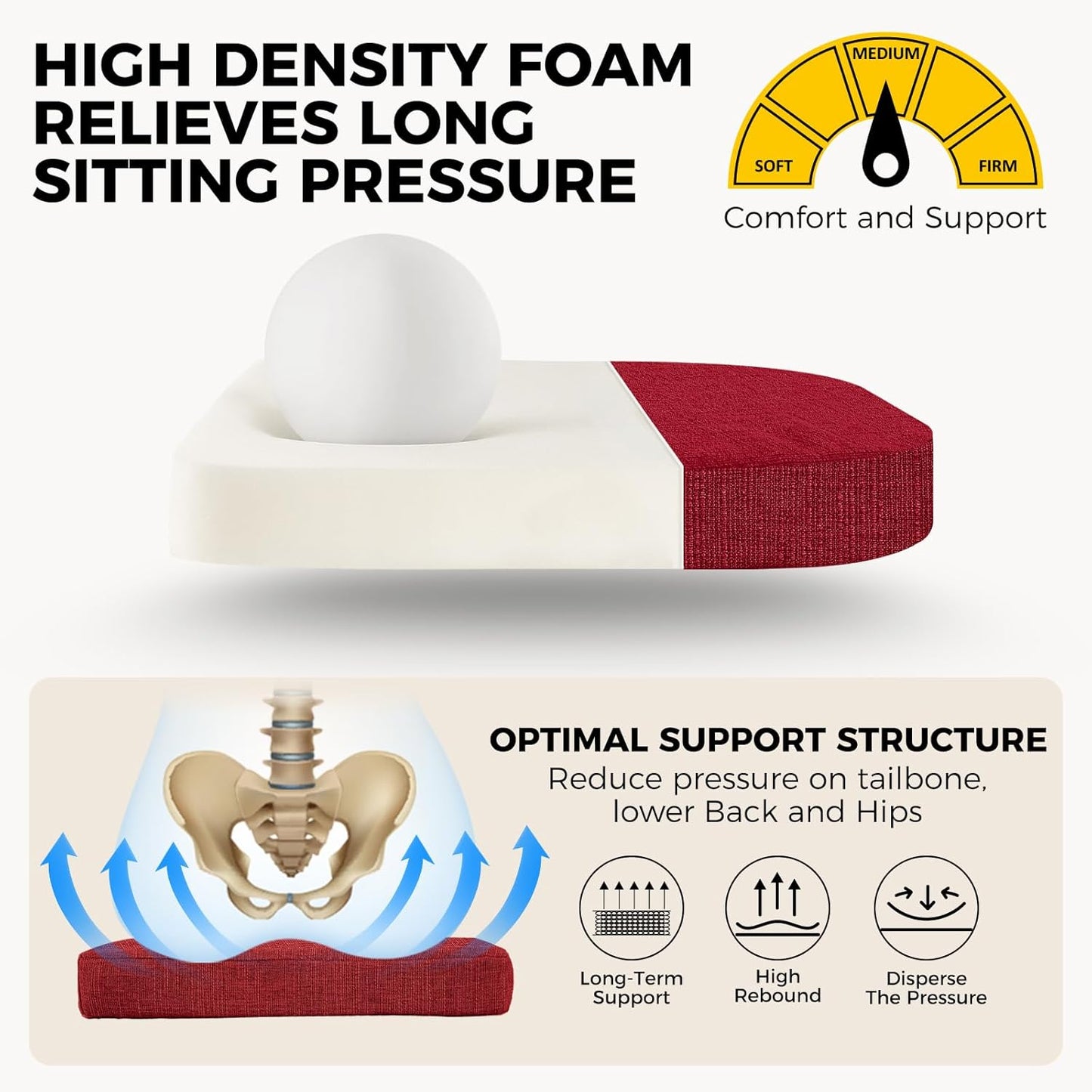 downluxe Indoor Chair Cushions for Dining Chairs, Soft and Comfortable Textured Foam Kitchen Chair Pads with Ties and Non-Slip Backing, 16" x 16" x 2", Red, 4 Pack