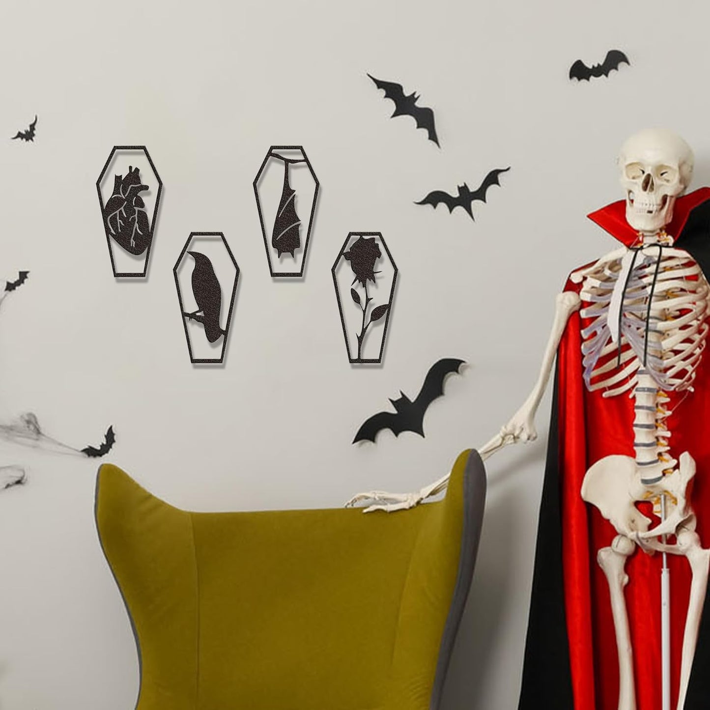 YATEASLU Gothic Coffin Wall Decor Set of 4 Metal Heart, Crow, Bat, Rose Sculptures for Gothic Home Decor, Bathroom, Kitchen, Office - Spooky Halloween Wall Decor with Screws