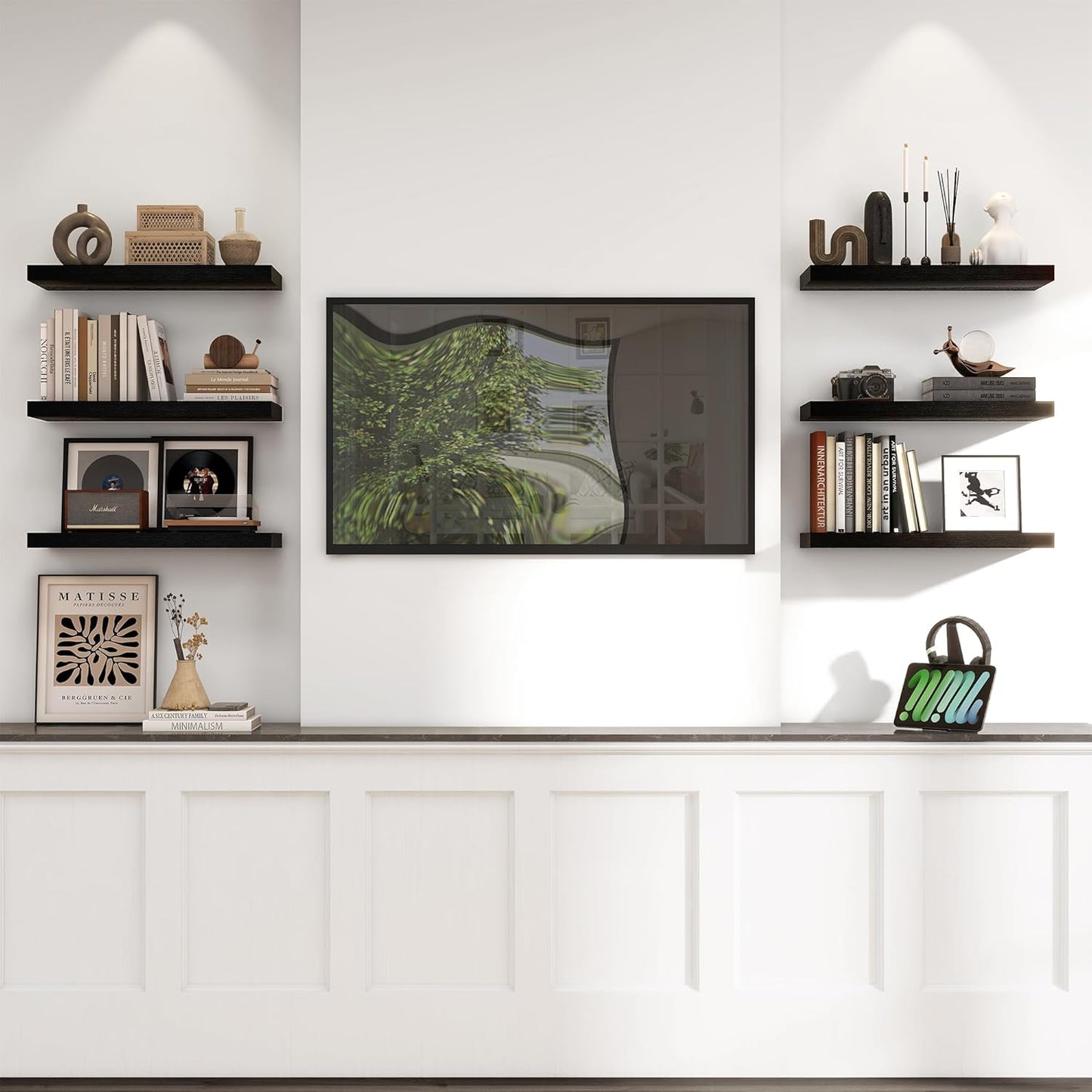 Heimlove 24 inch Floating Shelves for Wall,9.3 inch deep Black Wood Shelves with Invisible Brackets,Wall Mounted Storage & Display Shelves for Bedroom,Living Room,Set of 2