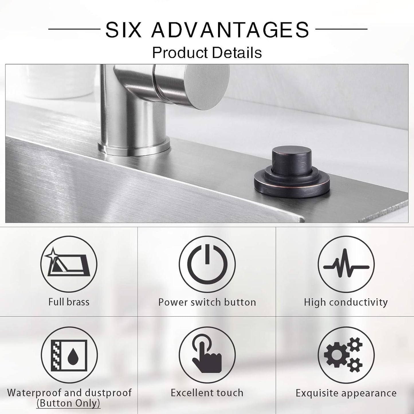 SinkTop Air Switch Kit (Long Full Brass Button) for Garbage Disposal, Cordless Oil Rubbed Bronze