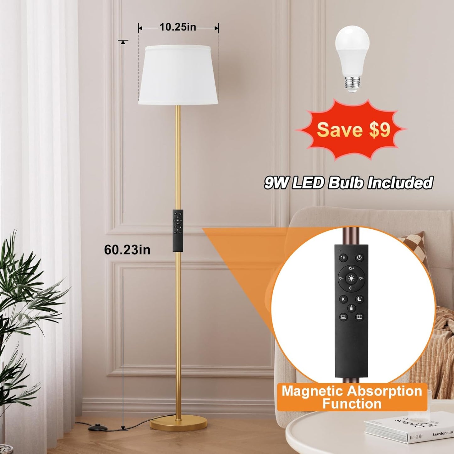 Floor Lamps for Living Room - Modern Gold Floor Lamp with Remote Control, Dimmable Colors Temperature Standing Lamp with LED Bulbs, Tall Lamp for Bedroom Office Kid Room - Brass Gold