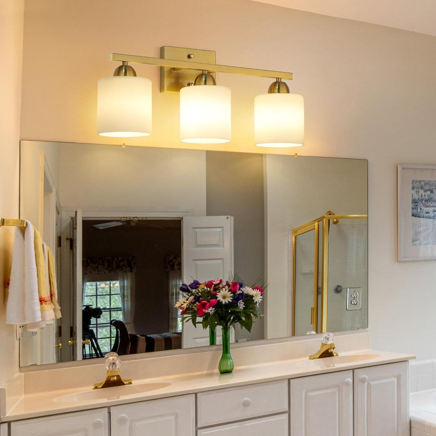 Stainless Steel Milk Glass Vanity Lights for Bathroom, 3 Light Gold Bathroom Light Fixtures Over Mirror, Ceramic E26 Sockets Wall Mounted