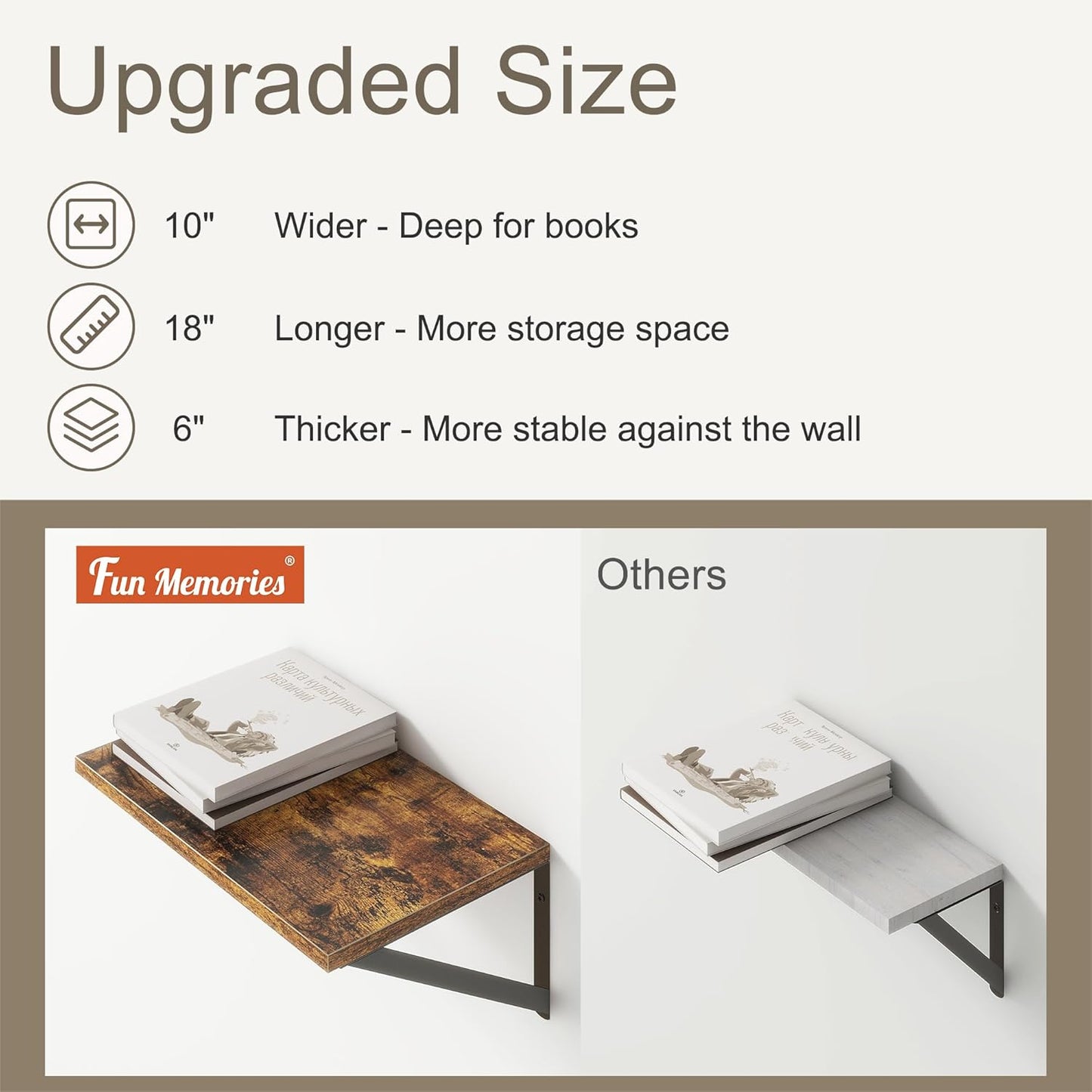 18"W x10"D Floating Shelves, Farmhouse Wall Shelves Home Decor Shelf, Deep Bathroom Shelves with Bracket, 10 Inch Deep Wall Shelf for Living Room, Kitchen, Bedroom, Rustic Brown, Set of 2