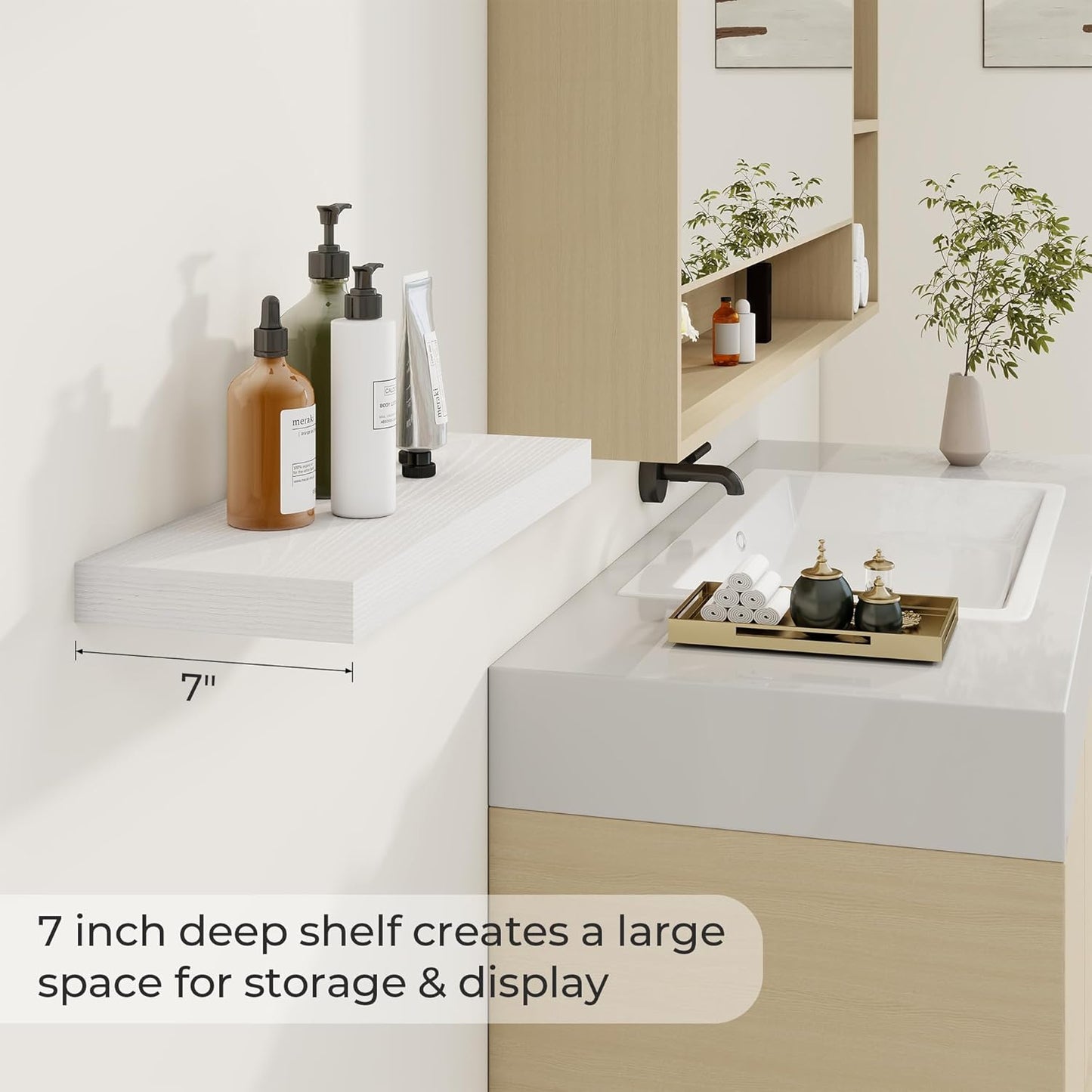 24 inch Floating Shelves Long Floating Shelves for Wall Large Wall Mounted Shelves with Invisible Brackets, White Shelves for Bathroom, Living Room, Kitchen, Office, 24x6.7 inch deep Set of 2