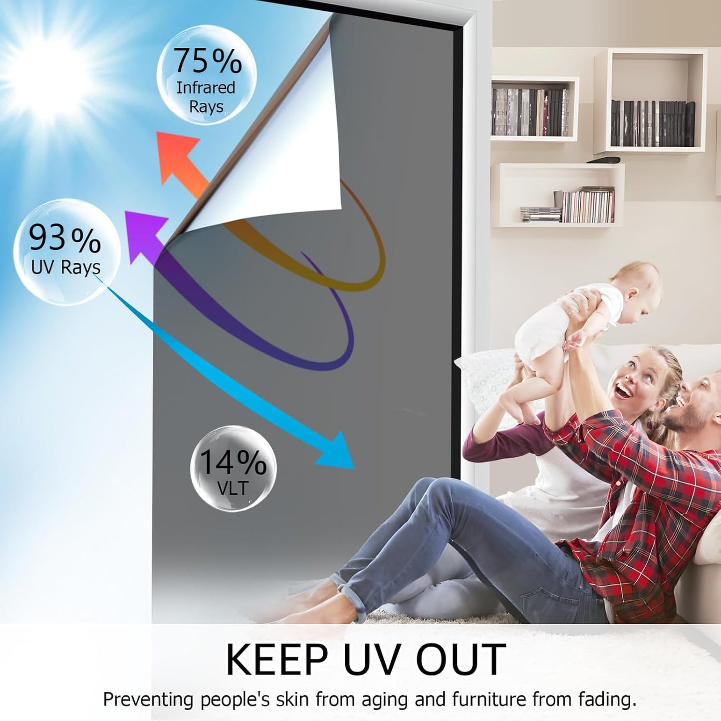 HIDBEA One Way Window Film, Daytime Privacy Sun Blocking Reflective Window Film No Glue Static Cling Heat Control Window Tinting Film for Home and Office, Black Silver, 23.6 x 157.5 Inch