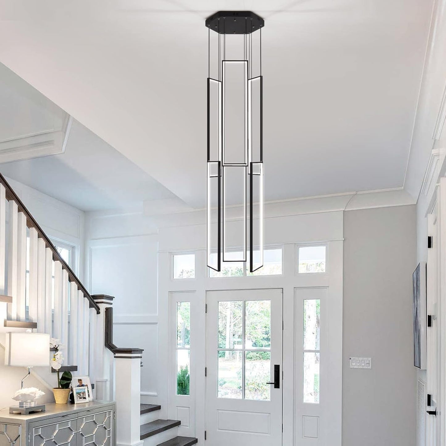 Modern Led Chandelier - Adjustable Black Lighting Fixture for High Ceiling, Suitable for Living Room, Staircase, Villa