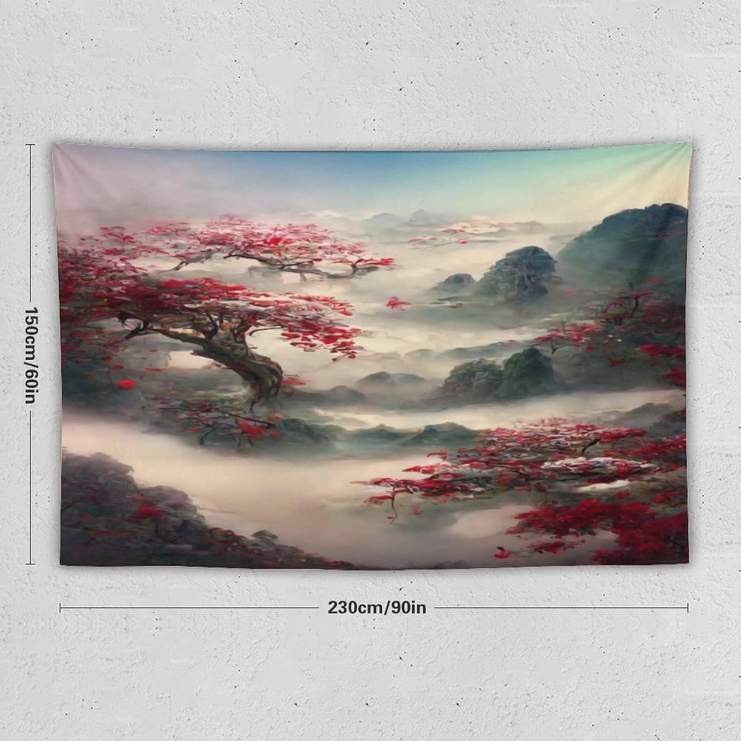 Japanese Tapestry, Red Plum Cherry Blossom Mountain Tapestry, Asian Japanese Wall Tapestry, Nature Landscape Tapestries for Bedroom Living Room Decor 90"x60"