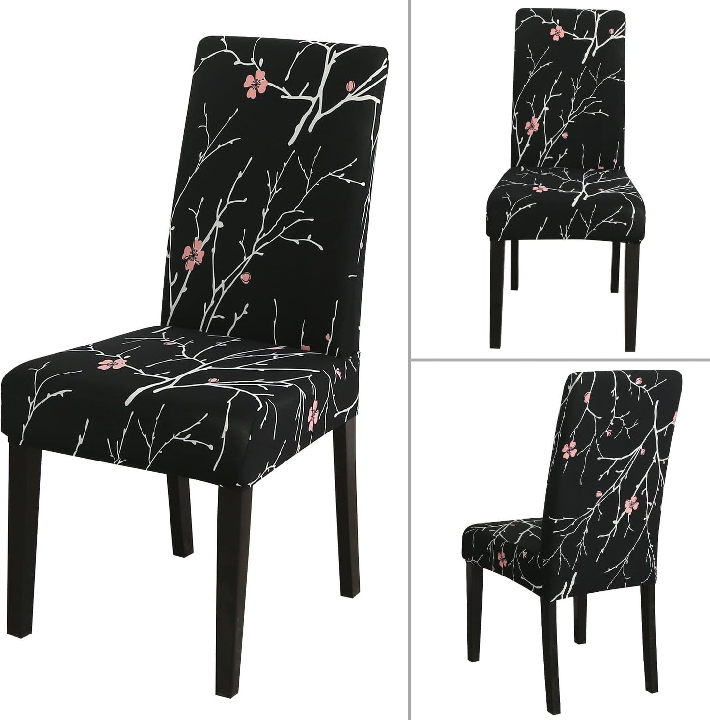 JQinHome Pattern Chair Covers for Dining Room Set of 6, High Stretch Removable Washable Parsons Chair Slipcover for Home Party Hotel Wedding Ceremony (Flourish Black,6PCS)