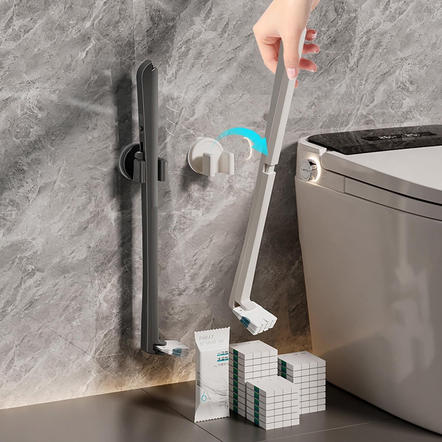 Disposable Toilet Brush with Replaceable Heads, Wall-Mounted Holder, Hygienic Bathroom Cleaning Tool (WhiteToilet Brush + 18 Refills)