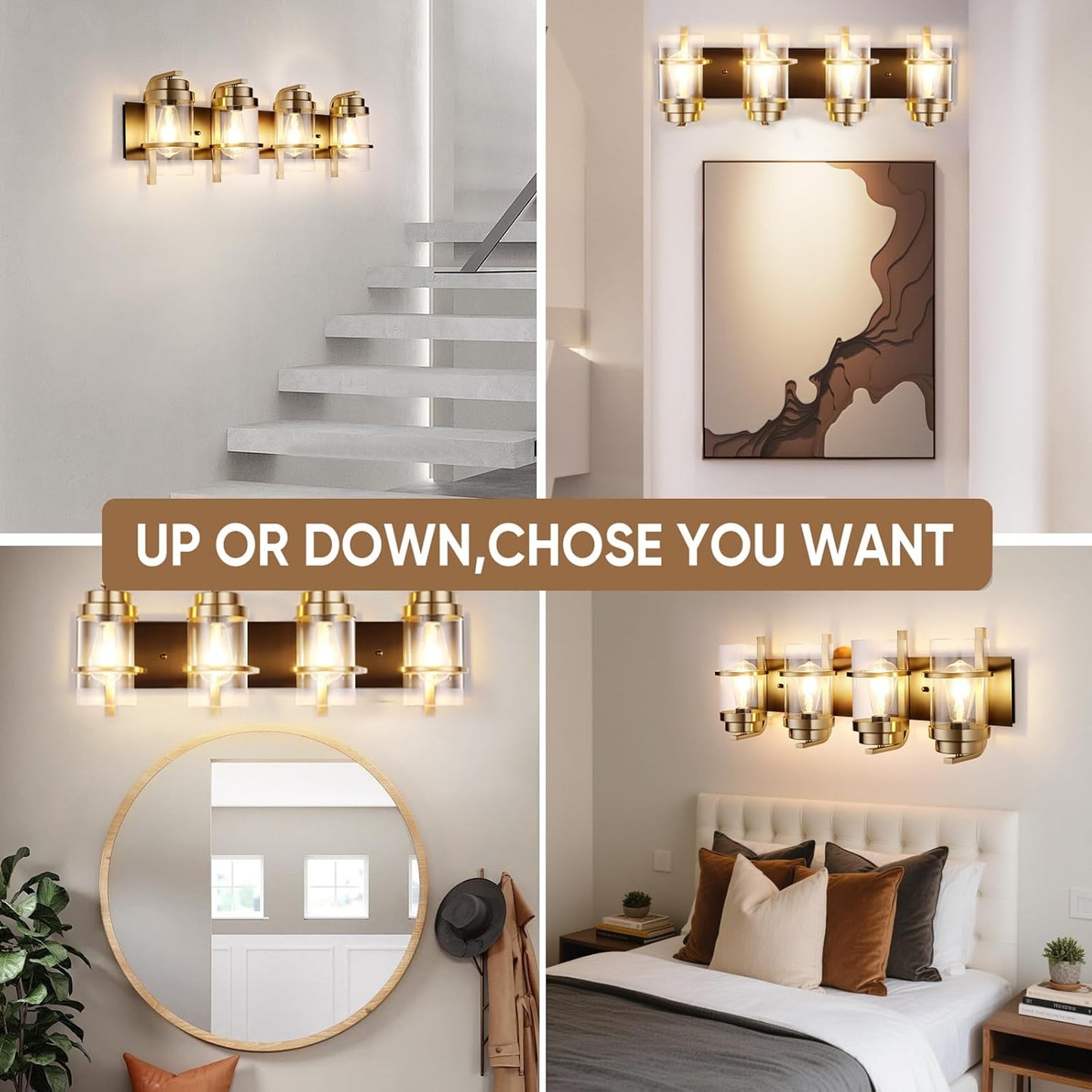 Black Gold Wall Sconces,Bathroom Vanity Light Fixtures,4 Lights Black Sconce Over Mirror,Farmhouse Bathroom Lights(Bulbs not Included)