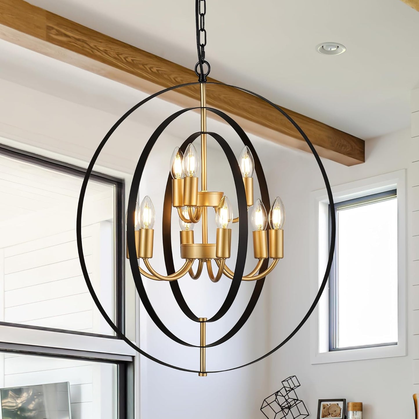 9-Light Globe Rustic Metal Chandelier, 23.6" Black Gold Adjustable Hanging Ceiling Pendant Light Fixture for Entryway Foyer Stairway Bedroom Dining Living Room Hallway