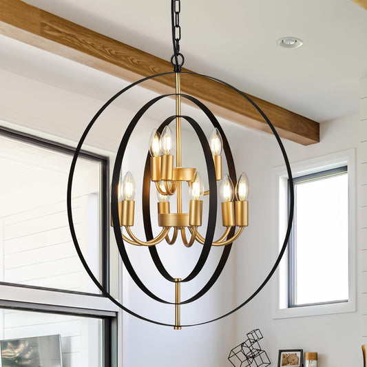 9-Light Globe Rustic Metal Chandelier, 23.6" Black Gold Adjustable Hanging Ceiling Pendant Light Fixture for Entryway Foyer Stairway Bedroom Dining Living Room Hallway