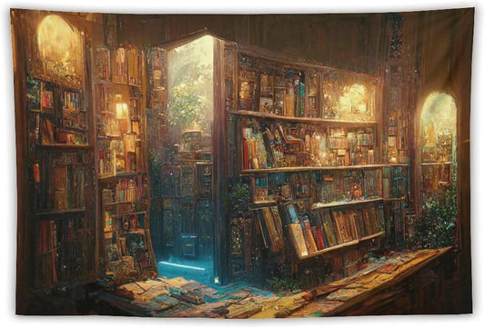 Kurtect Bookshelf Tapestry,Vintage Style Library Watercolor Art Theme Pattern Print Tapestries for Party Beach Picnic Blankets Tablecloths Living Room Wall Deocr, 40x60 in