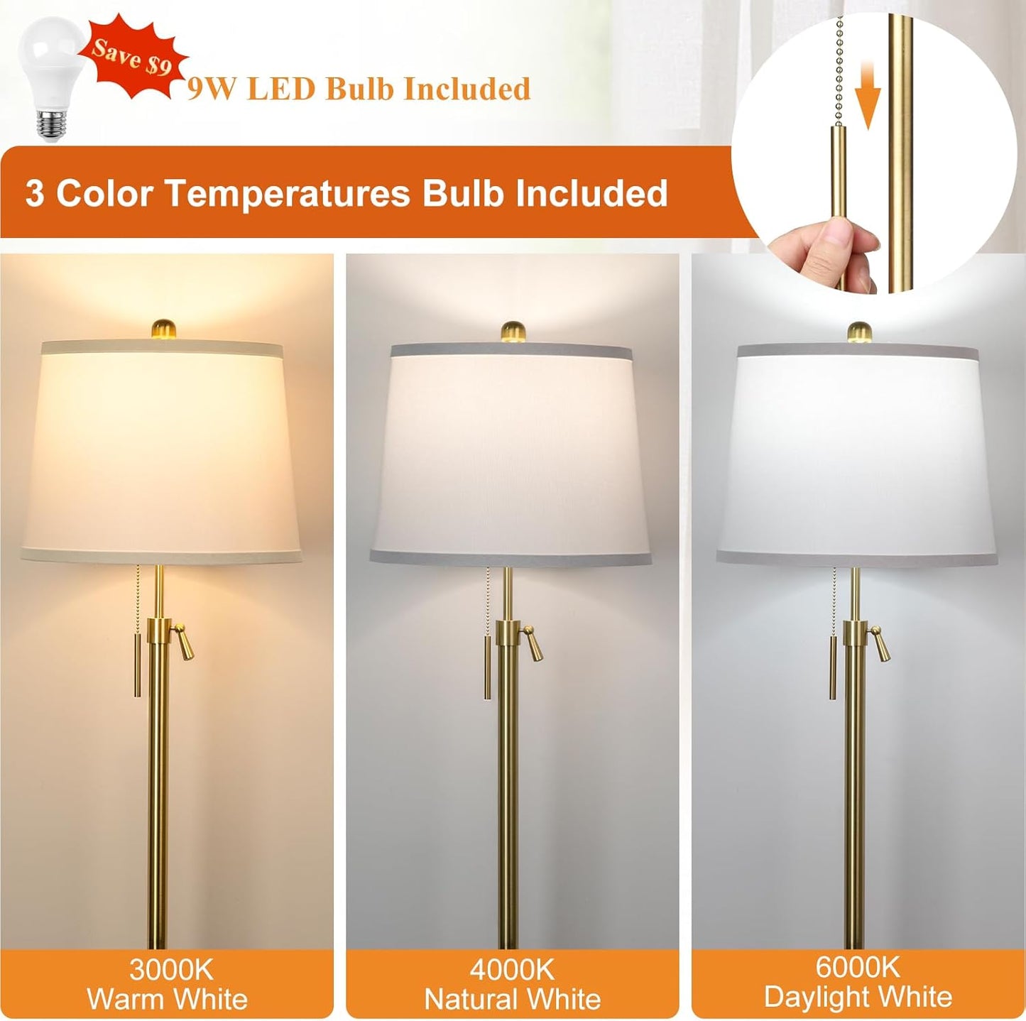 Gold Floor Lamp for Living Room, Tall Standing Lamp 55-65" Adjustable Modern Brass Floor Lamps for Bedroom Reading Office Kids 3 Color Lights Corner Night Stand (9W LED Bulb, White Shade)