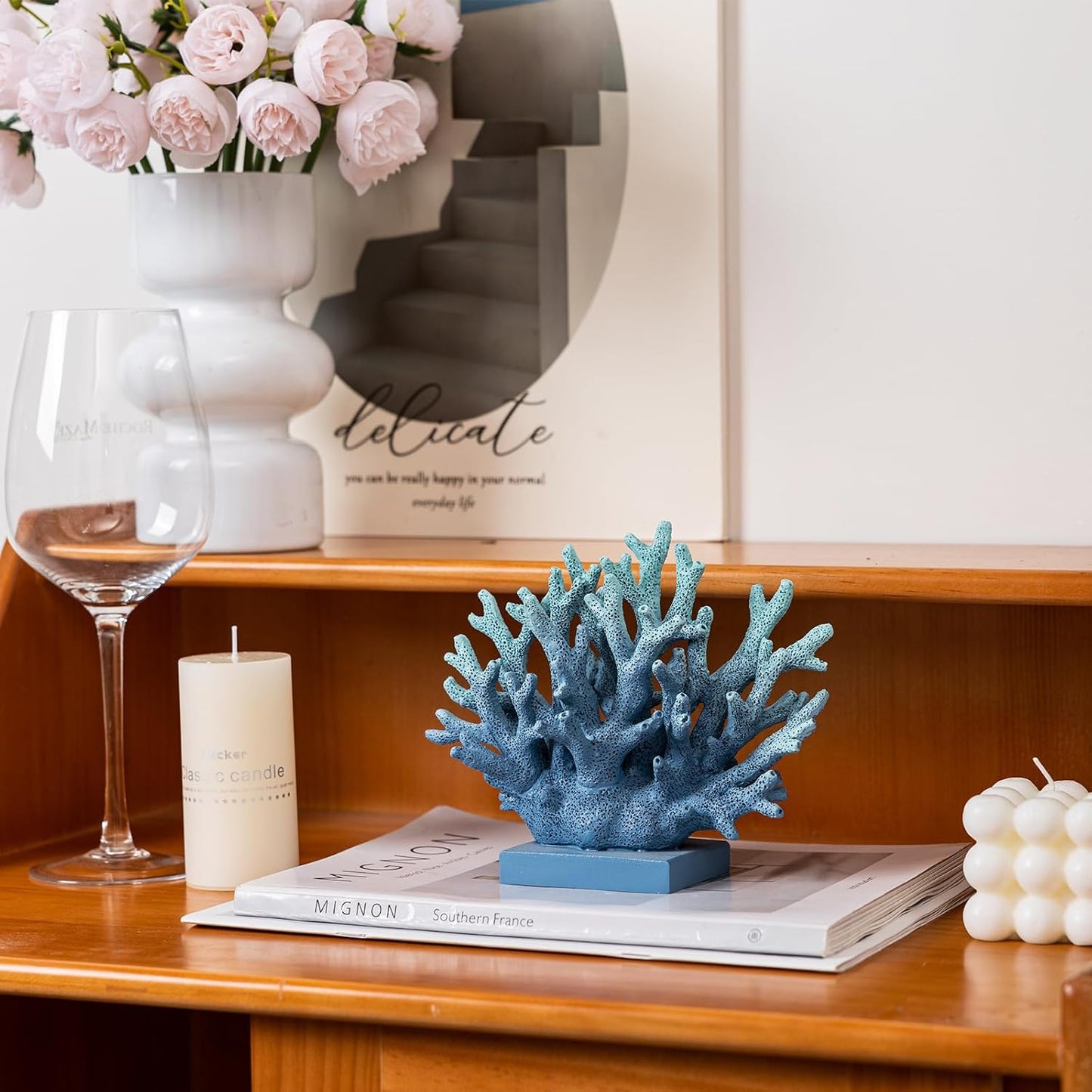 5.8" H Blue Coral Decor, Resin Coral Statue, Nautical Decorations for Home, Beach/Coastal/Ocean Themed Cabinet Shelf Tabletop Decor