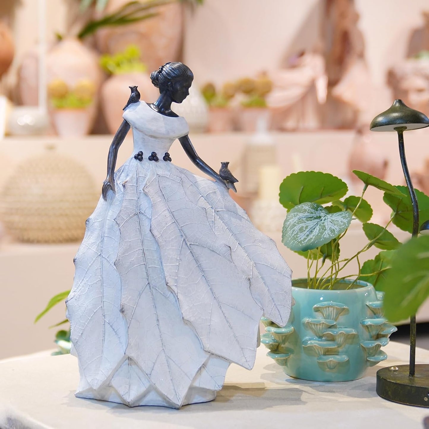 DiliComing Fairy Garden Accessories Outdoor Statue - Table Decor for Living Room Garden Maiden Bookshelf Decor Xmas Resin Holly Leaves Maiden White Statue 10.5 * 6.0 * 14.5 Inch