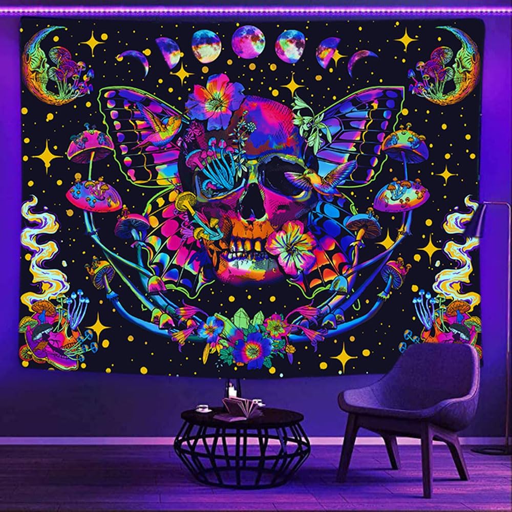 Xiaoput Blacklight Skull Tapestry for Bedroom & Living Room, UV Reactive Mushroom Butterfly & Moth Moon Flowers Tapestry, Hippie Skeleton Wall Hanging 90x70IN
