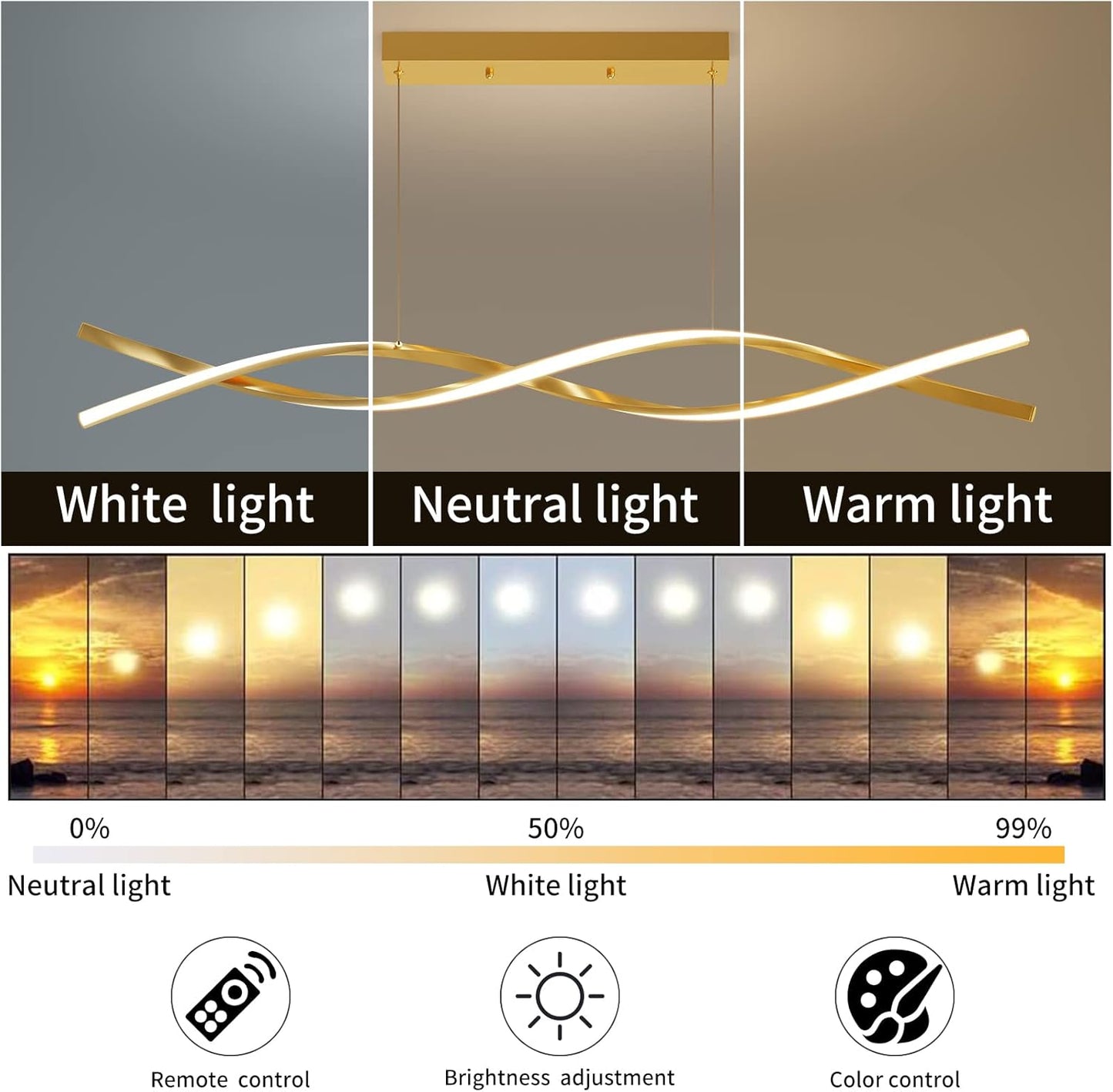 Modern Ceiling Pendant Light, with Remote Control Dimmable 3 Color Mode & Brightness Ceiling Lamp, Anti-Flicker Dining Light Fixture for Kitchen, Dining Room (Gold)