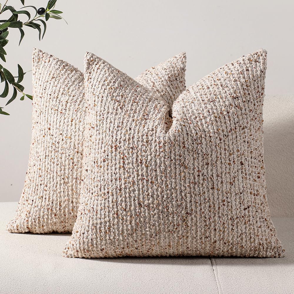 Striped Throw Pillow Covers 18x18 Set of 2 Beige Textured Boucle Chic Morden Boho Accent Farmhouse Square Decorative Couch Pillow Covers for Home Decor Bed Sofa Living Room