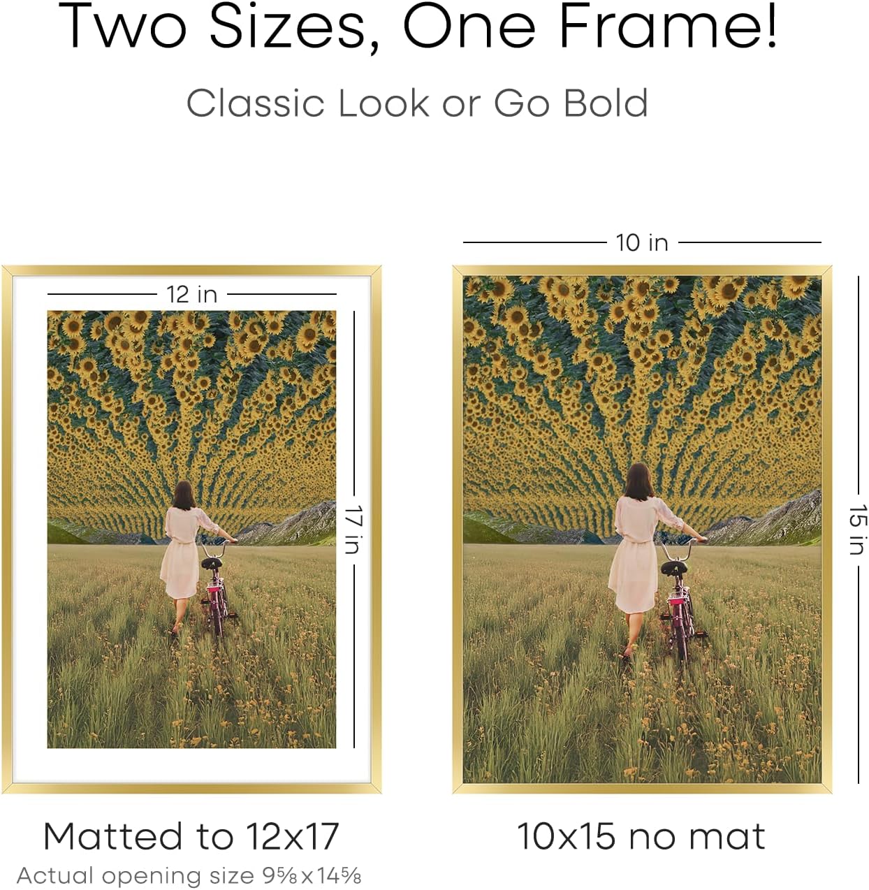 Homeforia 12x17 Picture Frame Gold, High End Metal 12x17 Poster Frames with Mat 10x15 Photo, 12 x 17 Gold Frame Matted to 10 by 15 Print, 17by12 Thin Hanging Frames, Tempered Glass, Wall Kit, Set of 1