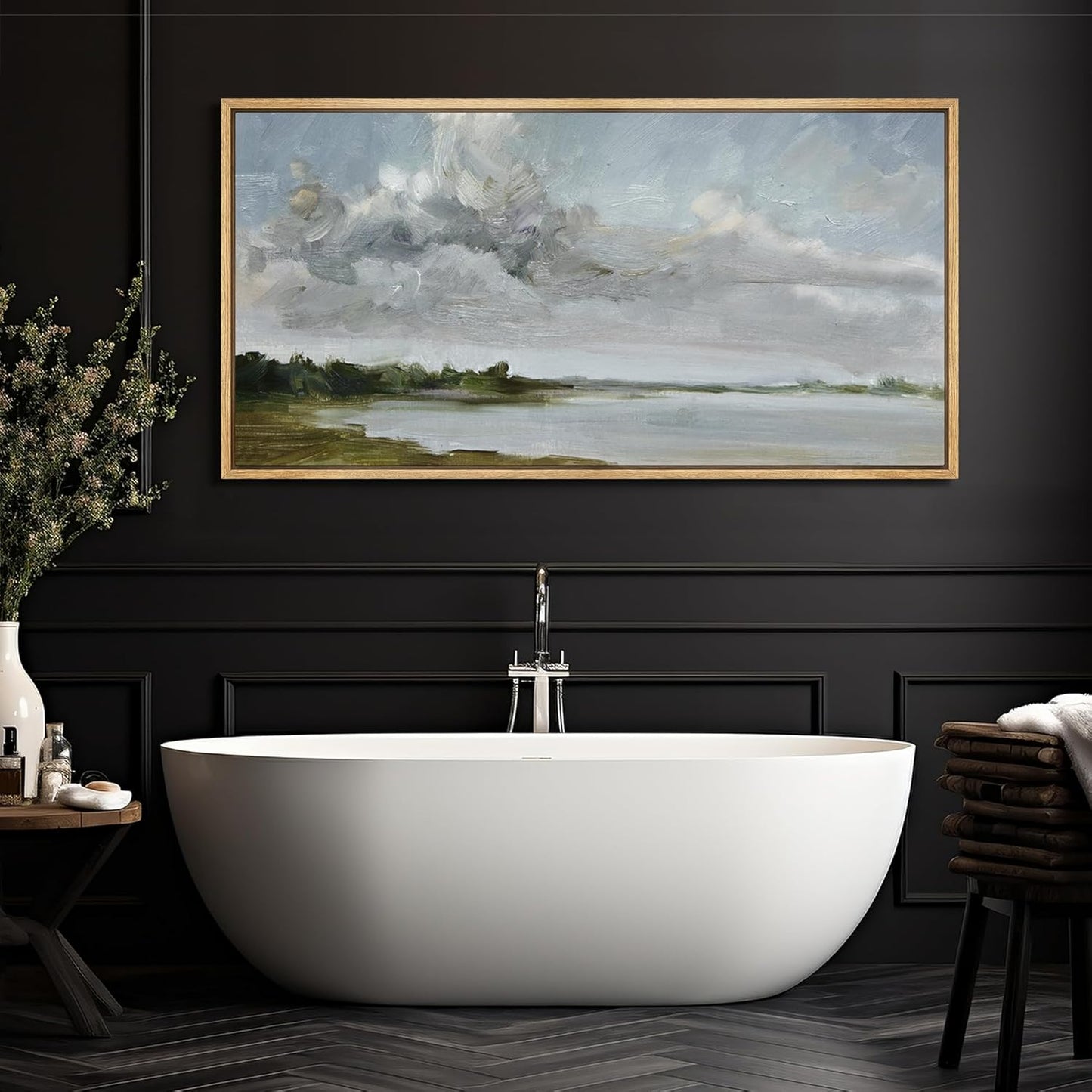 MUDECOR Extra Large Framed Canvas Print Wall Art Tranquil Landscape Soft Brushstroke Lake Scene Illustrations Antique Retro Fine Art Illustrations Decorative Colorful for Bedroom - 60"x30"