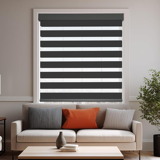 HESTIA Cordless Zebra Blinds Light Filtering Roller Shades UV Blocking Blackout Privacy Indoor Window Shades for Home Office Day and Night, Black,35" W x 54" H