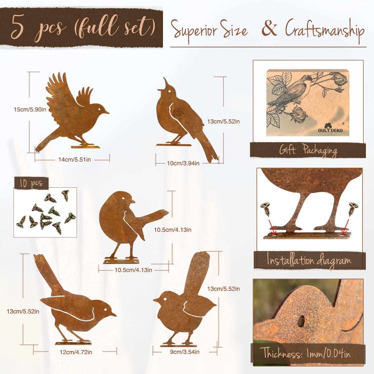 5PCS Rusty Birds Decoration,Outdoor Bird Wall Decor,Metal Birds Yard Decor, Metal Birds Craft Statue Ornaments - Garden Sculptures and Yard Art, Fence Decorations Outdoor,Rustic Garden Decor