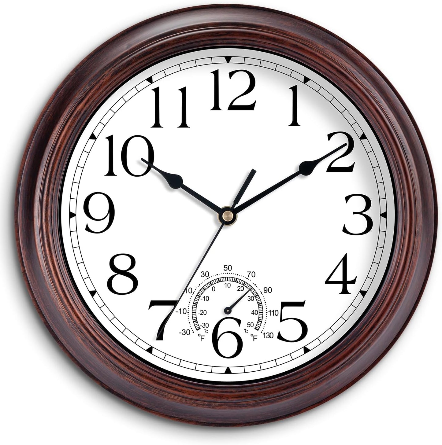 14 Inch Outdoor Wall Clock with Thermometers, Vintage Silent Wall Clocks Battery Operated, Retro Non-Ticking Clock Decorative for Living Room, Patio, Kitchen, Office, Bathroom, Bedroom(Bronze)