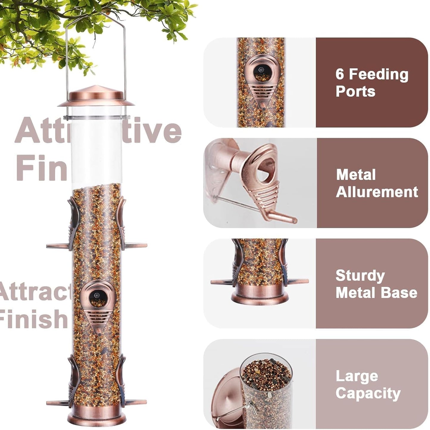 MIXXIDEA Metal Tube Bird Feeders for Outdoors - 6 Ports Hanging Feeder Attracts Wild Birds in Your Lawn, Garden, Balcony - Antique Copper - 1 Pack