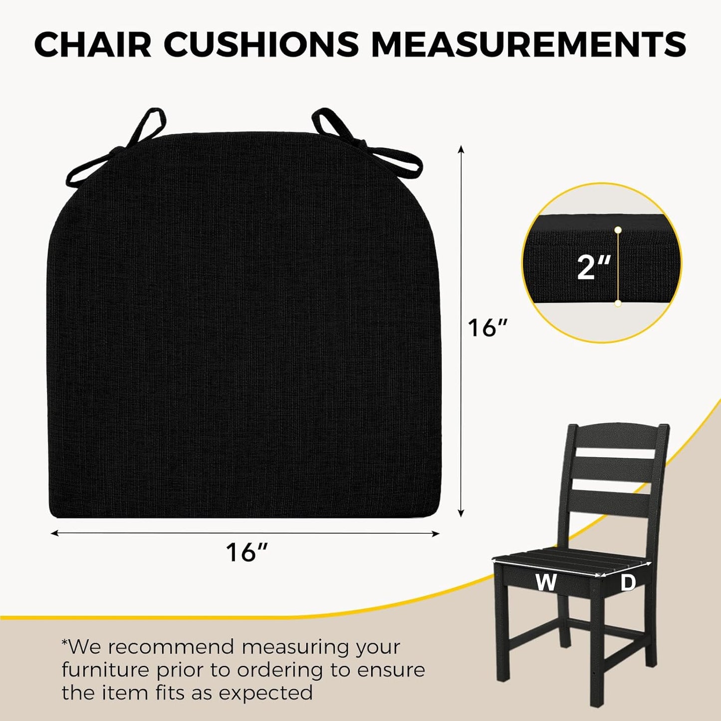 downluxe Indoor Chair Cushions for Dining Chairs, Soft and Comfortable Textured Foam Kitchen Chair Pads with Ties and Non-Slip Backing, 16" x 16" x 2", Black, 6 Pack
