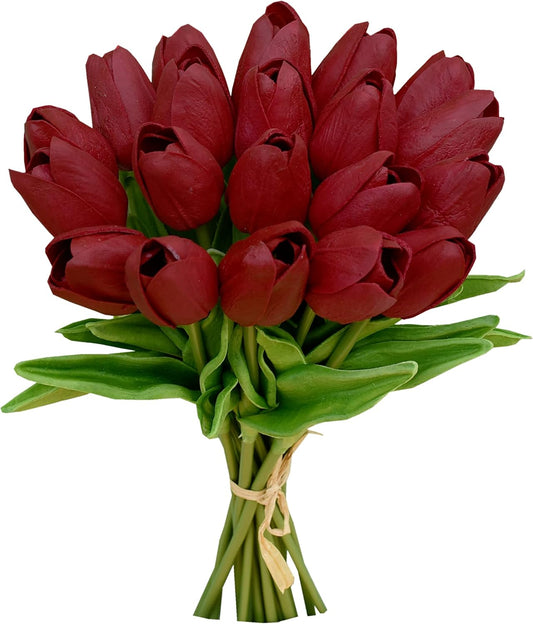 Mandy's Artificial Tulips 20 Stems Burgundy PU Faux Flowers for Wedding Home Decor 13.5 Inch