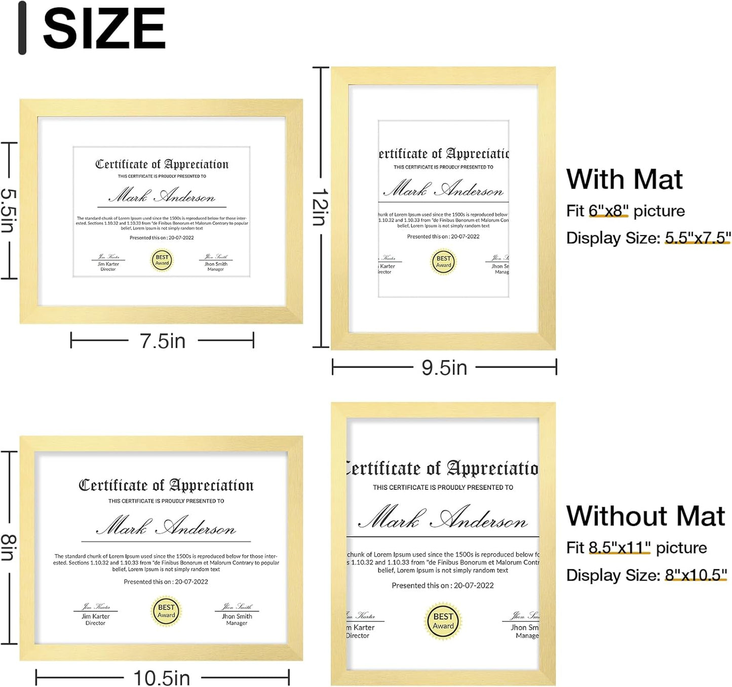 Vittanly 8.5x11 Picture Frames Set of 9, Shatter Resistant Plexiglass, Display 6x8 Pictures with Mat or 8.5x11 without Mat, Photo Frames for Wall or Tabletop, Engineered Wood, Gold