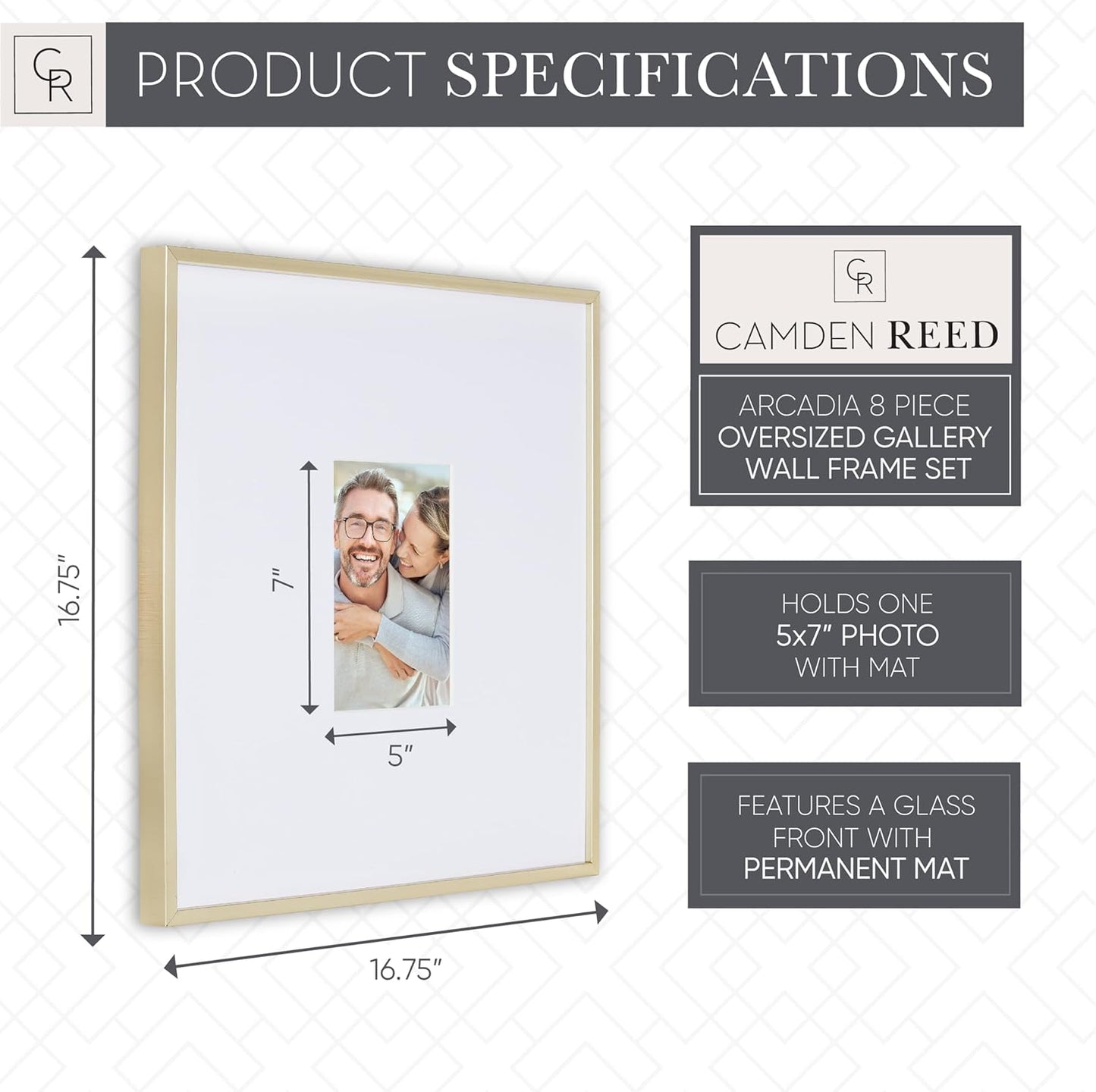 Camden Reed Arcadia 8 Piece Oversized Gallery Wall Frame, 16x20 and 16x16 Inch Matted Frames for Featuring 8x10 and 5x7 Inch Photographs or Art Prints, Gold Finish