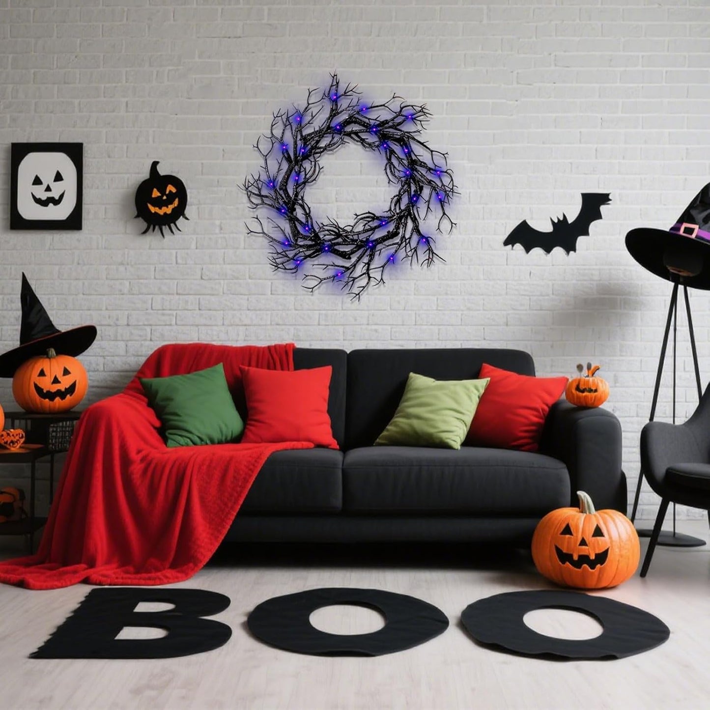 Halloween Black Branch Wreath - 16.5 Inch Glitter Black Twig Halloween Wreaths with Purple Lights for Front Door Indoor Outdoor Party Window Wall Decor Farmhouse Garland Yard