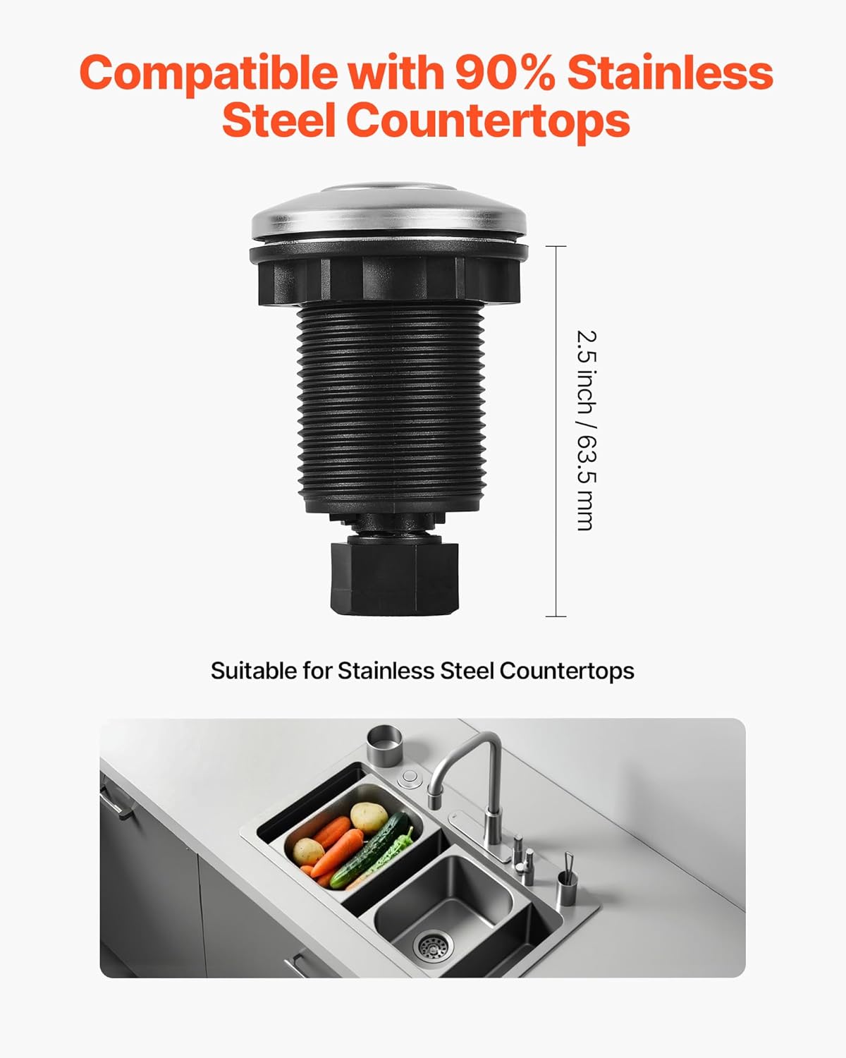 VEVOR Garbage Disposal Air Switch Kit, 2.5" Sink Top Air Switch for Food Waste Disposal, Brushed Silver Stainless Steel ON/OFF Air Button for Waste Disposer - Suitable for Stainless Steel Countertops