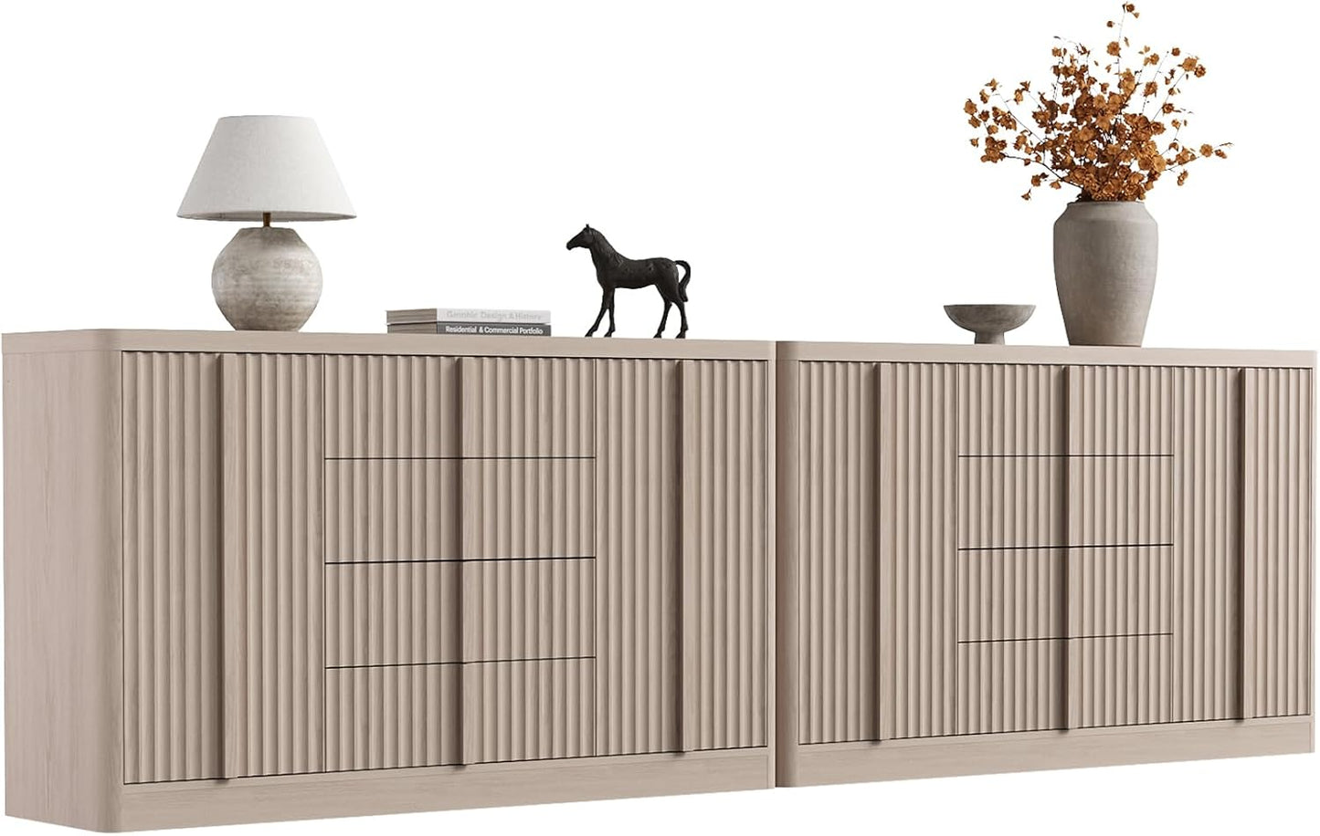 Buffet Cabinet with Storage, 120"Fluted Coffee Bar with 8 Drawers & 4 Doors, Modern Sideboard Buffet with Solid Wood Handle, Credenza Storage Cabinet for Kitchen Living Dining Room, Natural Oak(2PCS)