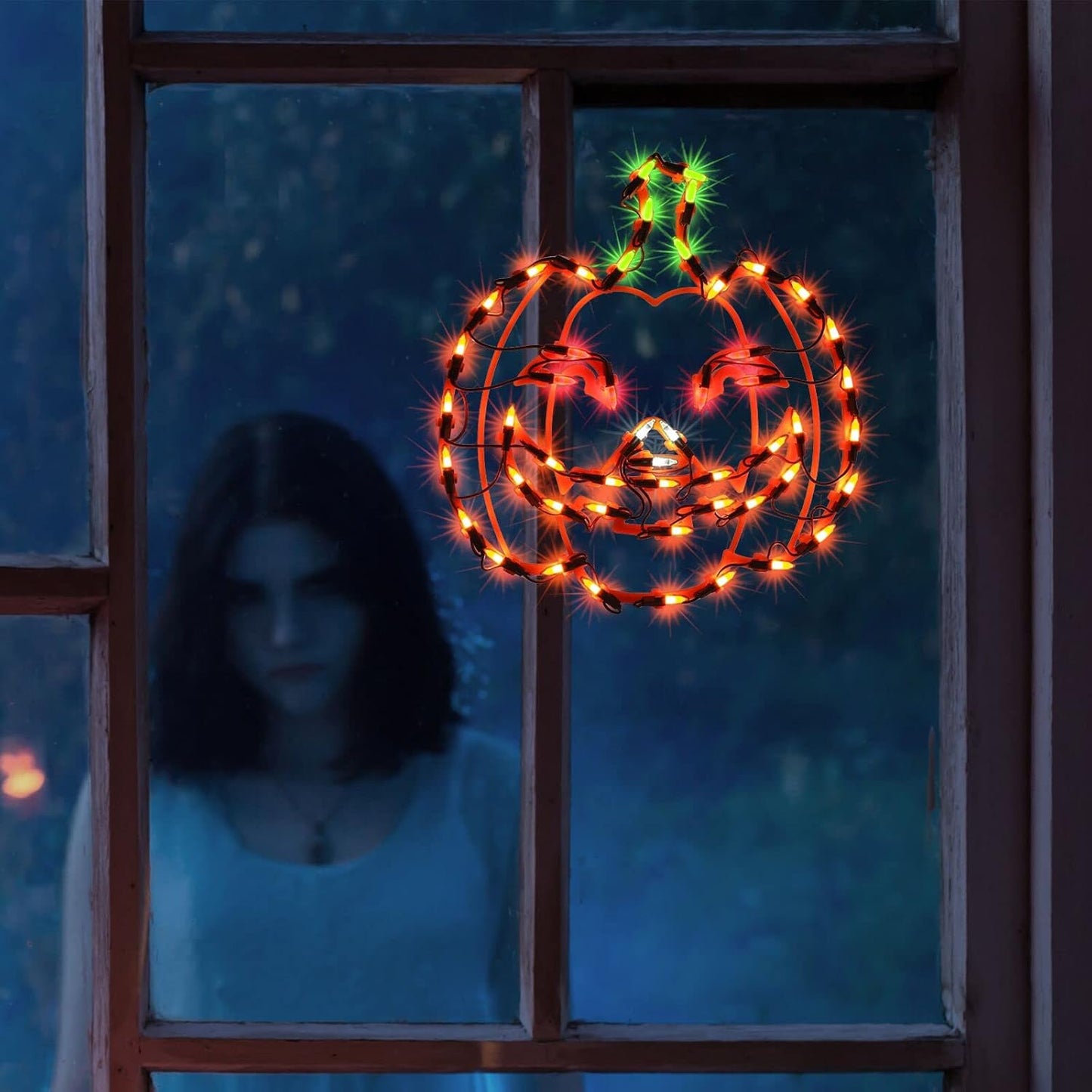 13.3" Lighted Jack-O-Lantern Halloween Window Silhouette Decoration,Halloween Lighted Window Decoration,Hanging Light Up Holiday Ornament( Pumpkin Light)