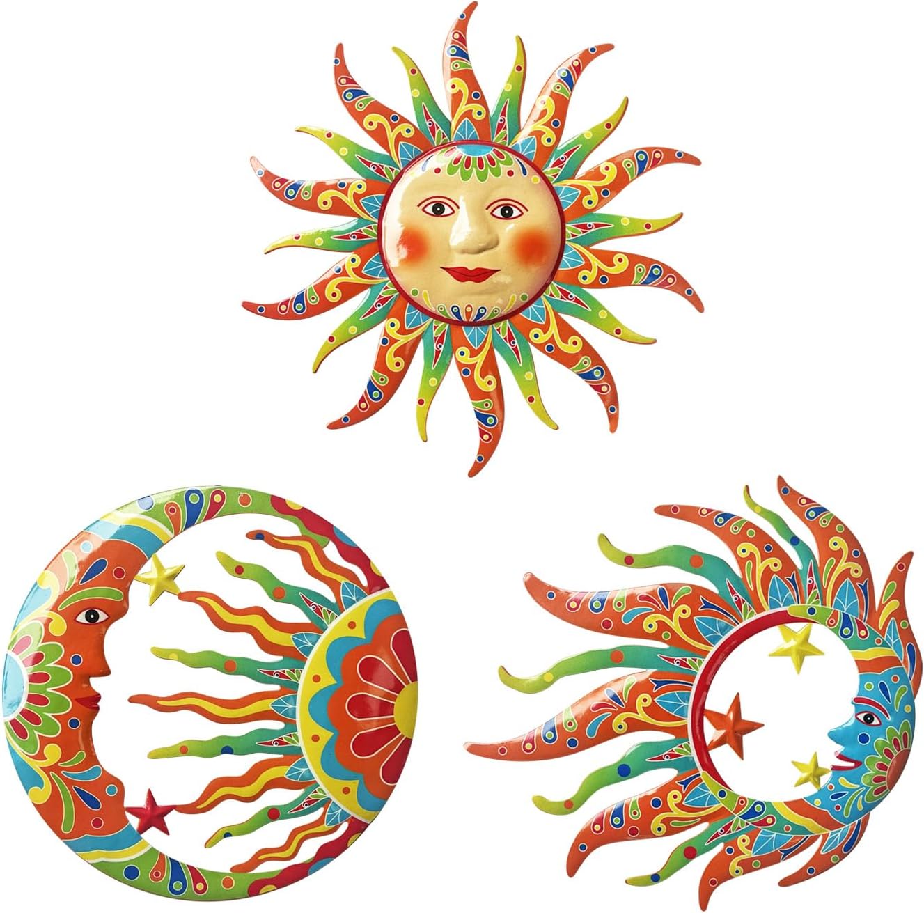 Limygus 3D Print Sun Wall Hanging, Wall Sculpture, Metal Wall Art Indoor/Outdoor Decor - 9” Colorful Rustproof Wall Sculpture - Ideal for Bedrooms, Gardens, Homes, Patios and Farmhouses, Set of 3