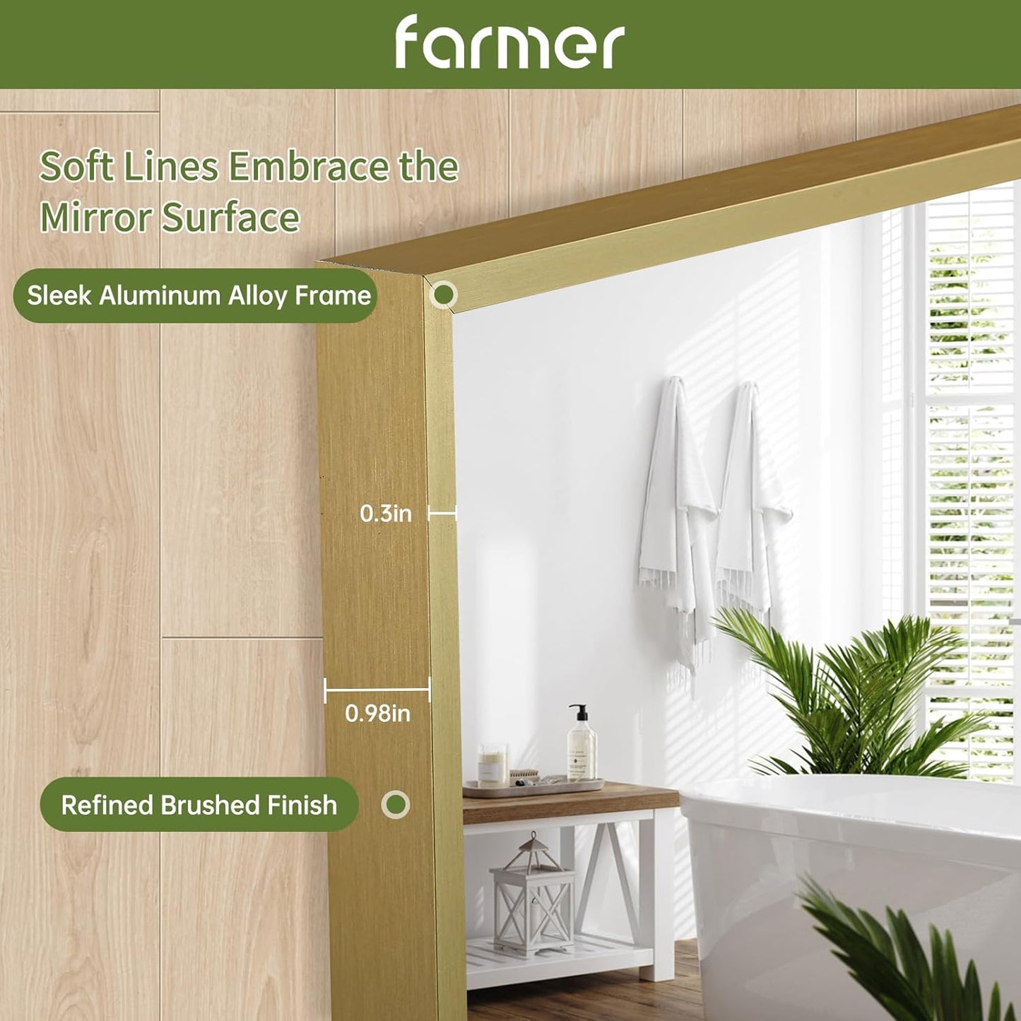 FARMER 16x24 Inch Gold Bathroom Mirror, Rectangle Wall Mounted Mirror, Vanity Mirror, Brushed Square Mirror, Framed Bathroom Mirror for Bedrooms, Entryways, Living Rooms, Horizontal/Vertical