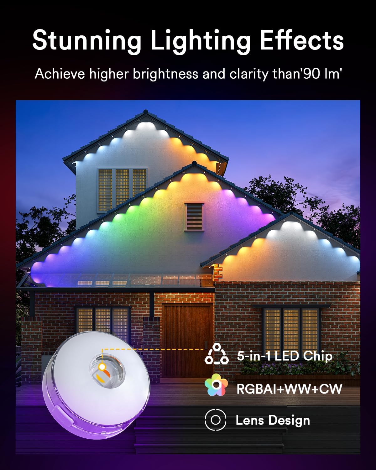 Lumary Permanent Outdoor Lights Max, 105ft with 80 LED Eave Lights 4800LM, RGBAICW Smart Outdoor Lighting IP67 Waterproof, Scene Modes for Daily and Accent Lighting, Works with Alexa/Google Assistant