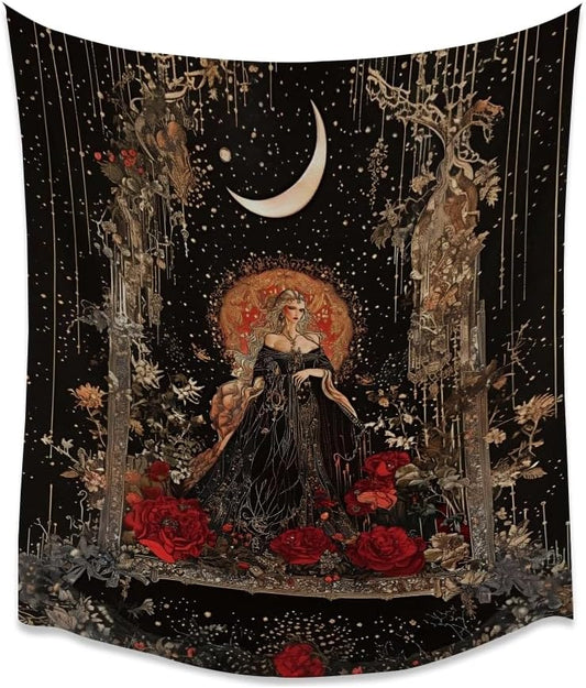 Dark Academia Moon Goddess Tapestry Gothic Fantasy Rose Wall Art Mystical Witchy Woman Print Victorian Artwork Aesthetic Tapestries Wall Hanging for Girls Room Bedroom Decor 30x40inch