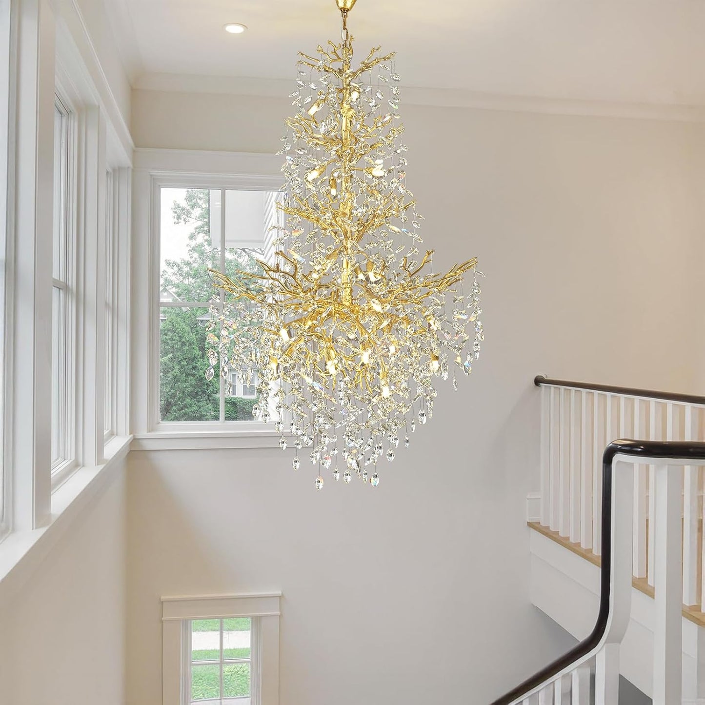 H61'' Modern Gold K9 Crystal High Ceiling Chandeliers, 23-Lights Staircase Chandeliers,Luxury Large Crystal Tree Branch Chandelier, D40'' Foyer Chandelier,For Living Room,Entryway,Dining Room