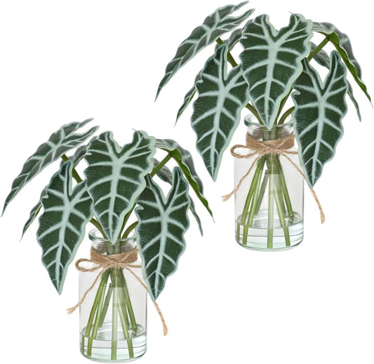 Artificial Flowers Turtle-Back, Alocasia Leaf, in Glass Vase with Faux Water,7Pcs Artificial Leaves Real Touch Latex Leaves for Centerpiece (2, Alocasia Leaf)