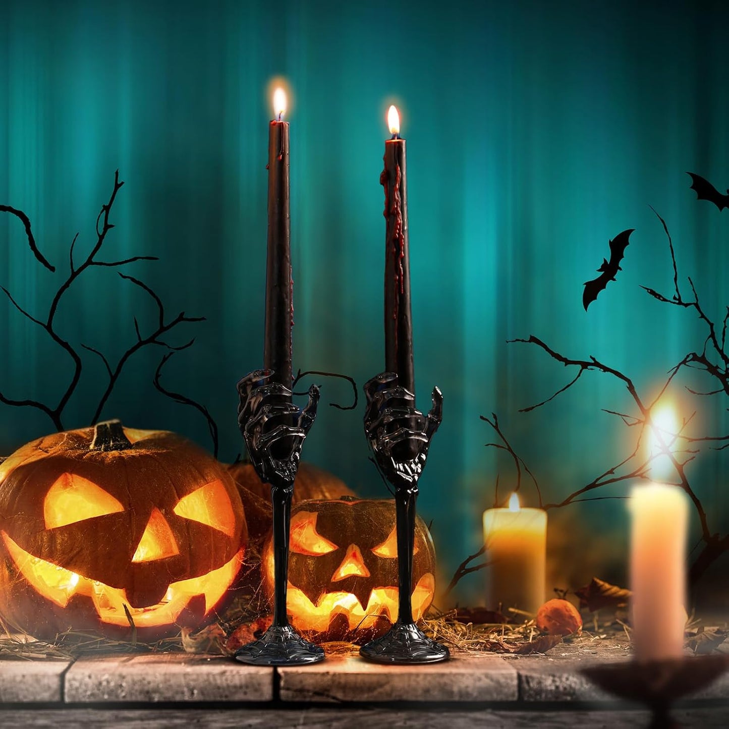 LemonRoad 2 Pcs Halloween Skull Candle Holders Halloween Table Centerpieces Fireplace Decorations Skeleton Gothic Decor Horror Skeleton Skull Candlestick Holders for Home Office Bar Party Supplies