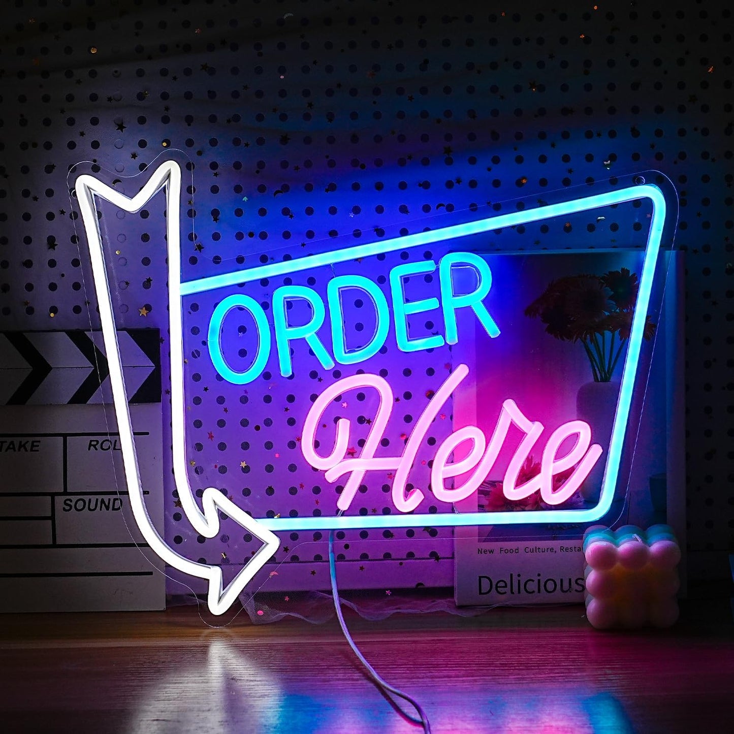 Order Here Neon Sign Led letters Sign Dimmable Order Neon Light for Wall Decor Larger Order Here Light Up Sign for Restaurant Shop Bar Business Neon Decor(16.1 * 12.6 In)