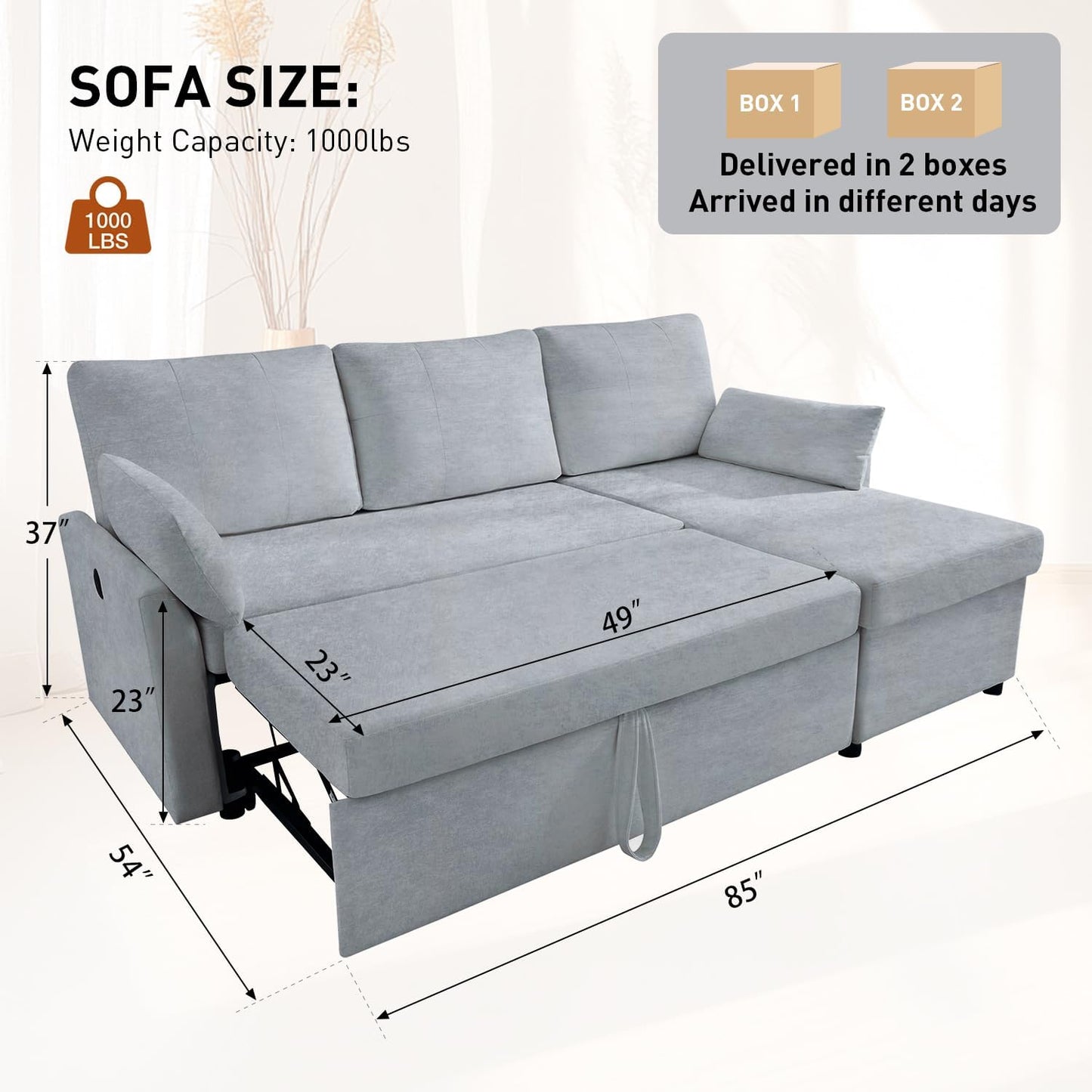 Waxberry Sectional Sofa Couch, Pull Out Couch Sleeper Sofa Bed with Storage for Living Room, Reversible Chaise, Side Pockets & Dual USB/Type-C Ports, Includes 1 Blanket, Grey