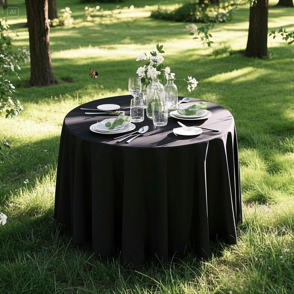 Surmente Black Tablecloth for Round Tables, 120-inch Round Table Cloths for Weddings, Banquets, or Restaurants