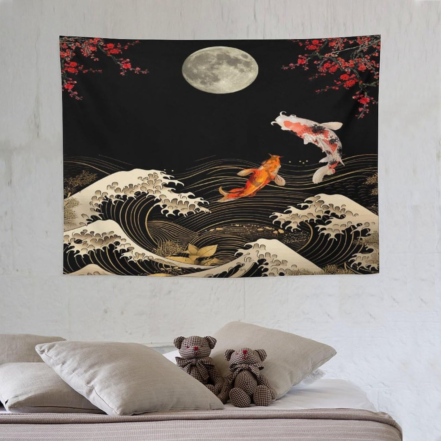 Houselerax Koi Fish Tapestry, Japanese Style Yin Yang Big Wave Cherry Blossom Tapestries Wall Hanging for Bedroom Living Room Office Decor 40"x30"